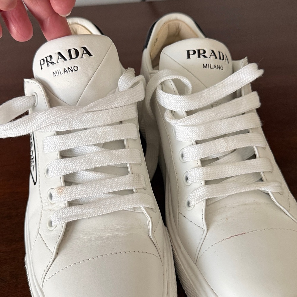 Prada White Leather Low-Top Sneakers with Black Heel - Picture 2 of 6